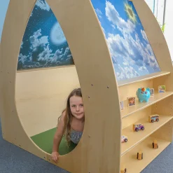 Sky View Sanctuary Reading Nook | Biophilic Quiet Space with Shelving for Early Learning Classrooms