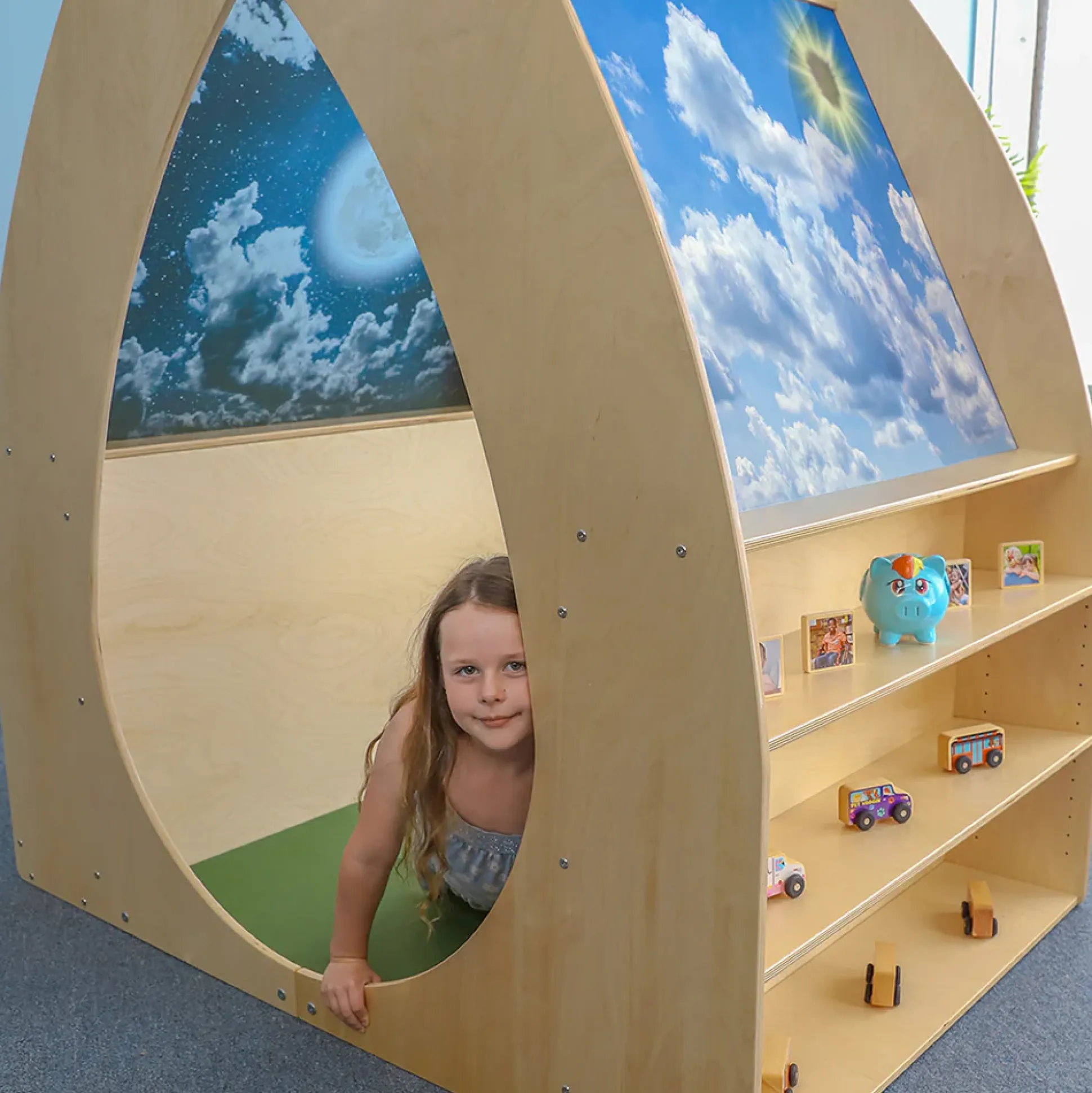 Sky View Sanctuary Reading Nook | Biophilic Quiet Space with Shelving for Early Learning Classrooms