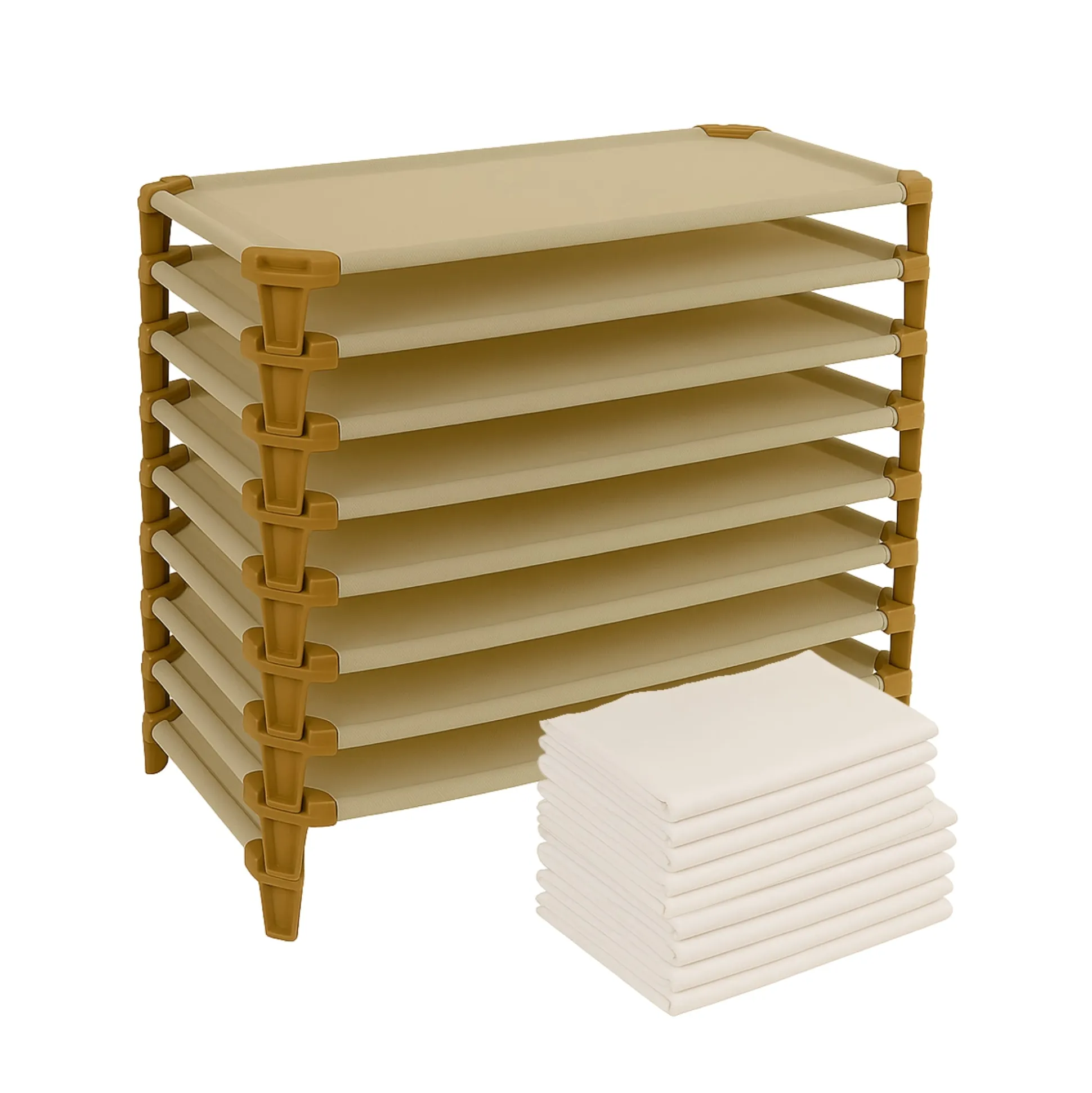 Standard Stackable Cot and Sheet Set Bundle – 8 Cots + 12 Sheets