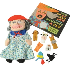 There Was an Old Lady Storytelling Puppet & Book Set | 8-Piece Doll and Finger Puppet Kit*
