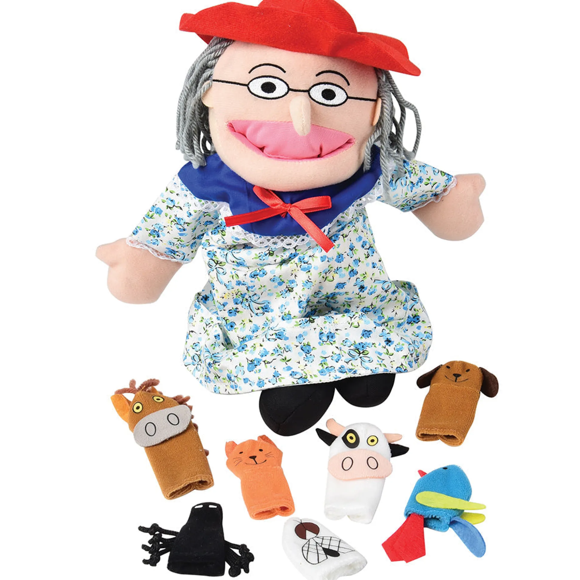 There Was an Old Lady Storytelling Puppet & Book Set | 8-Piece Doll and Finger Puppet Kit*