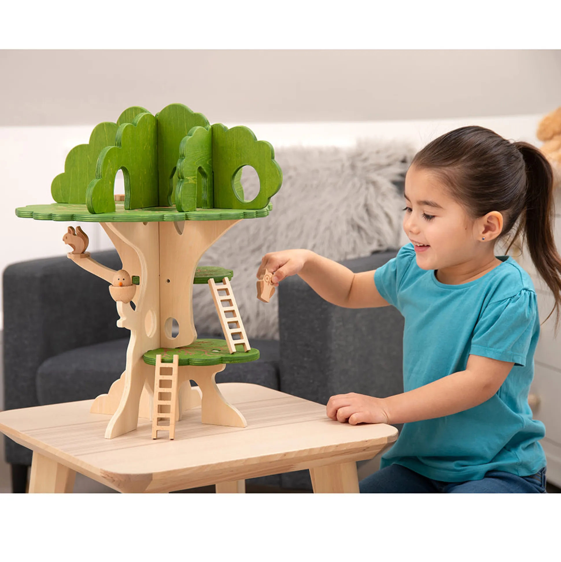 3-Tier Woodland Treehouse Playset | 15-Piece Birch Wood Set