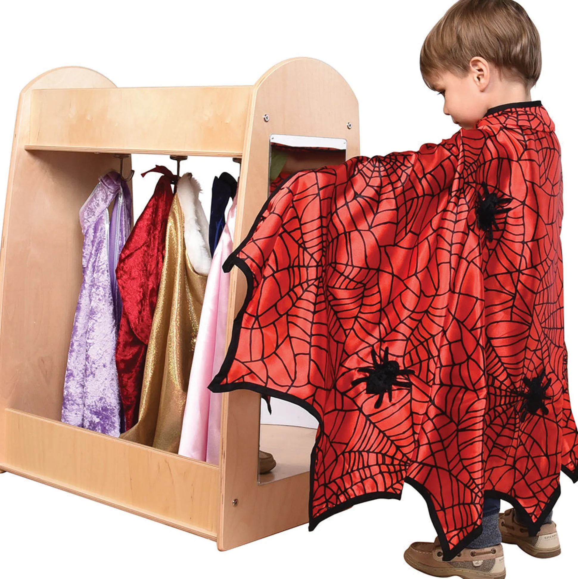 Toddler Hardwood Dress-Up Center with Mirror, Hooks & Storage Shelves | Pretend Play Closet
