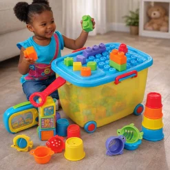 Toddler Toy Trolley | Rolling Wagon with Shape Sorter, Blocks, and Interactive Play Toys