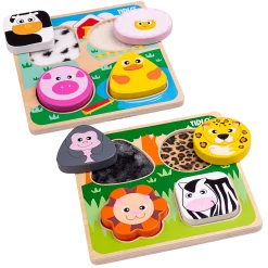 Touch and Feel Puzzle Set | Wooden Sensory Farm & Safari Animal Puzzles with Textured Pieces