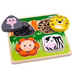 Touch and Feel Safari Puzzle | Wooden Sensory Shape Sorter with Textured Animal Pieces