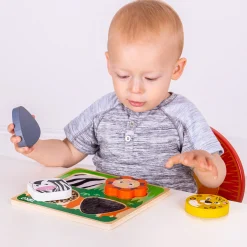 Touch and Feel Safari Puzzle | Wooden Sensory Shape Sorter with Textured Animal Pieces