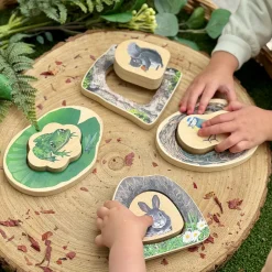 Who’s Hiding Woodland Animals Wooden Puzzle Set | Double-Sided Toddler Puzzle with Hidden Animals & Habitat Scenes