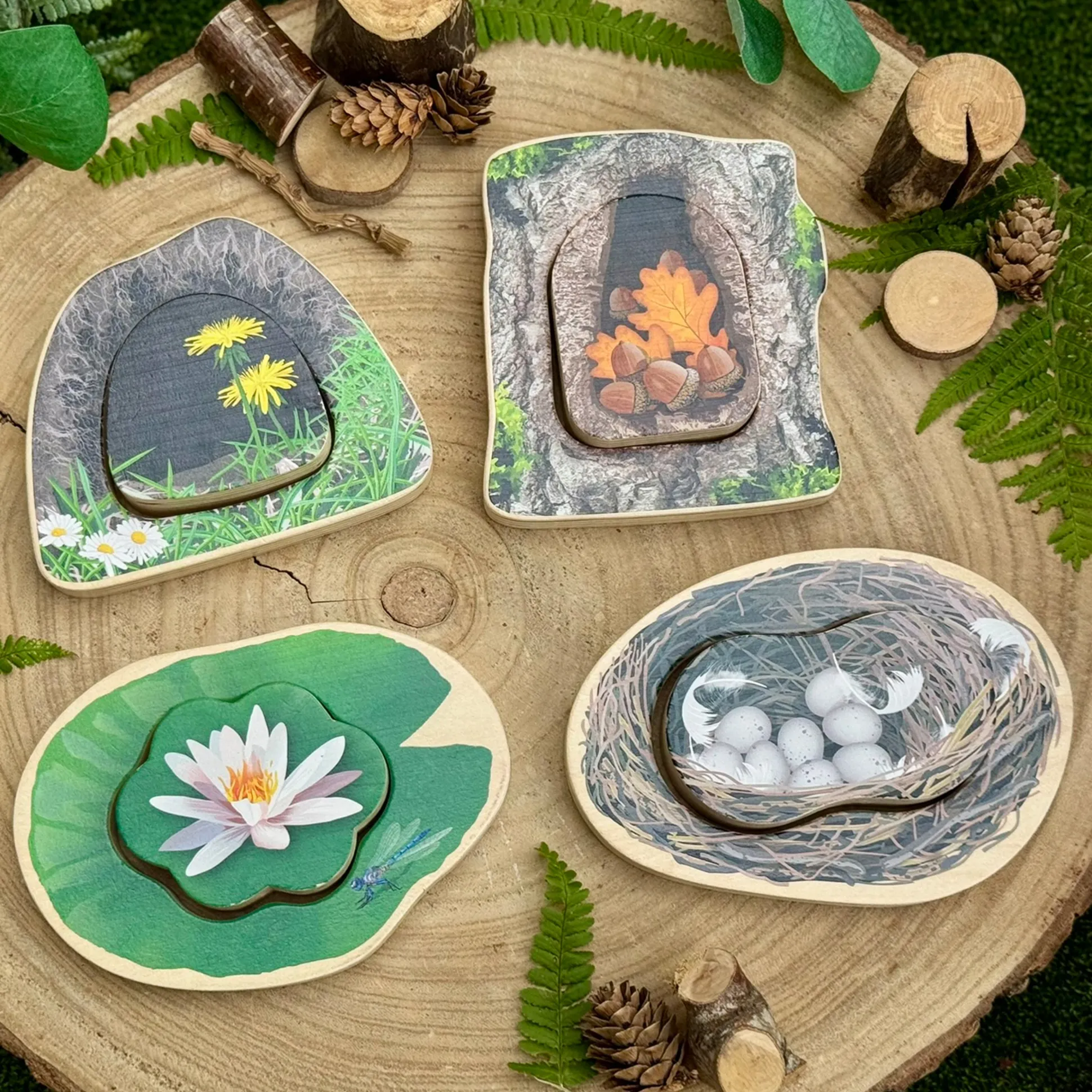 Who’s Hiding Woodland Animals Wooden Puzzle Set | Double-Sided Toddler Puzzle with Hidden Animals & Habitat Scenes