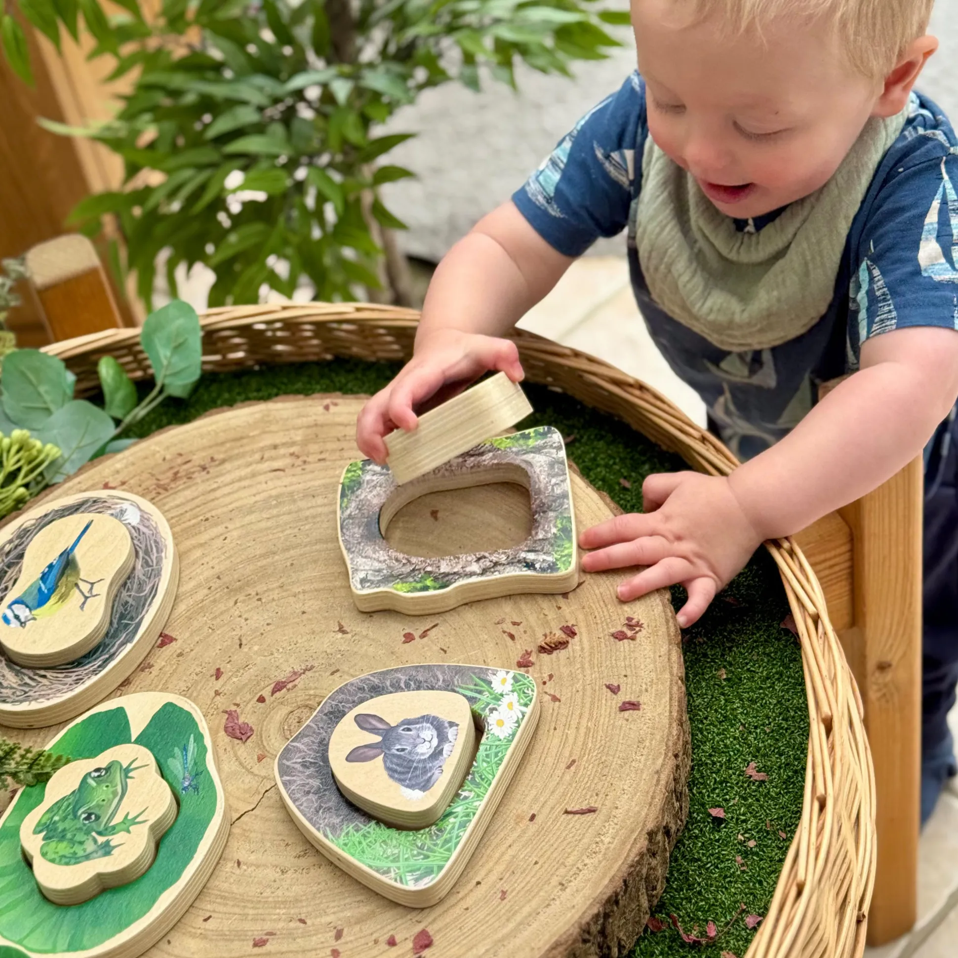 Who’s Hiding Woodland Animals Wooden Puzzle Set | Double-Sided Toddler Puzzle with Hidden Animals & Habitat Scenes