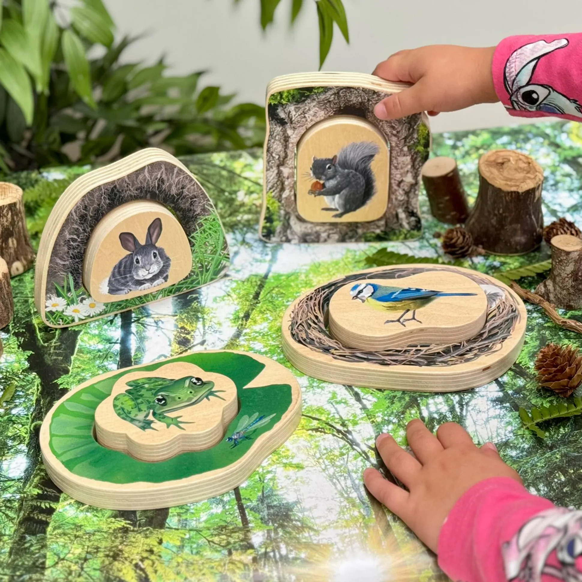 Who’s Hiding Woodland Animals Wooden Puzzle Set | Double-Sided Toddler Puzzle with Hidden Animals & Habitat Scenes