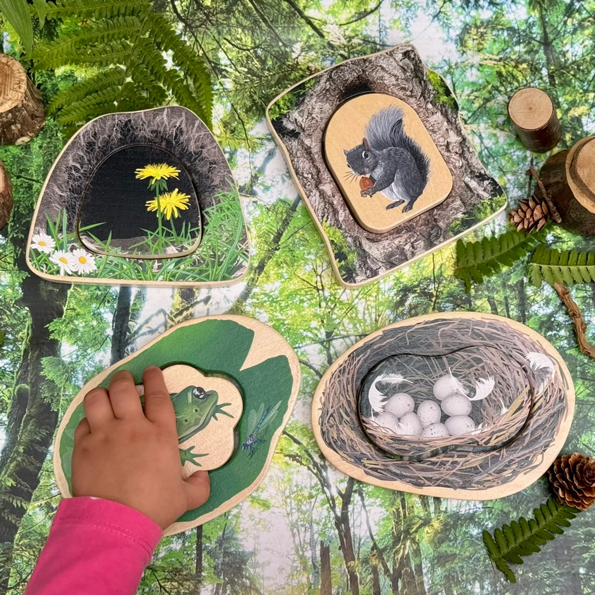 Who’s Hiding Woodland Animals Wooden Puzzle Set | Double-Sided Toddler Puzzle with Hidden Animals & Habitat Scenes