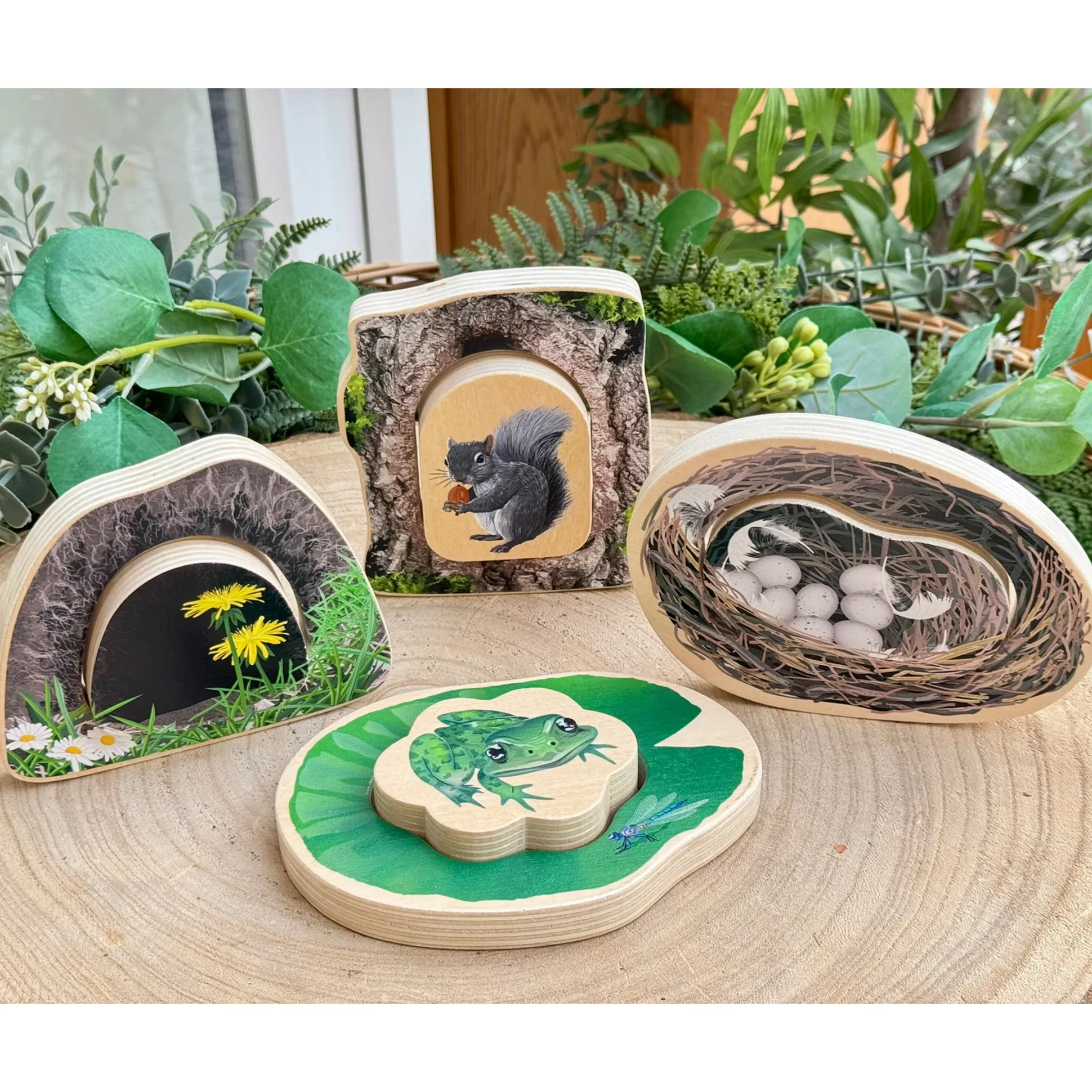 Who’s Hiding Woodland Animals Wooden Puzzle Set | Double-Sided Toddler Puzzle with Hidden Animals & Habitat Scenes