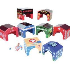 Wooden Community Buildings & Helicopter Set | 9-Piece Unit Blocks Play Set