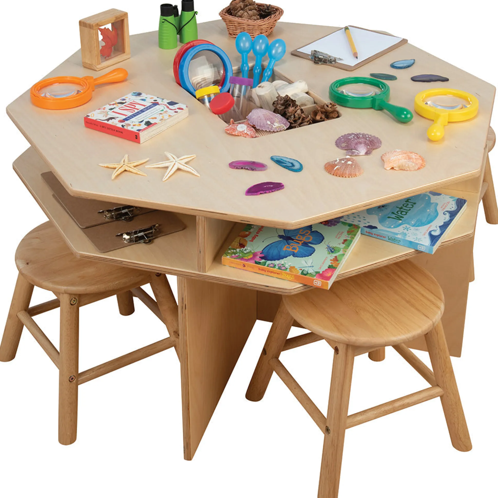 Wooden Discovery Table with 4 Classroom Stools | Hands on Science Center