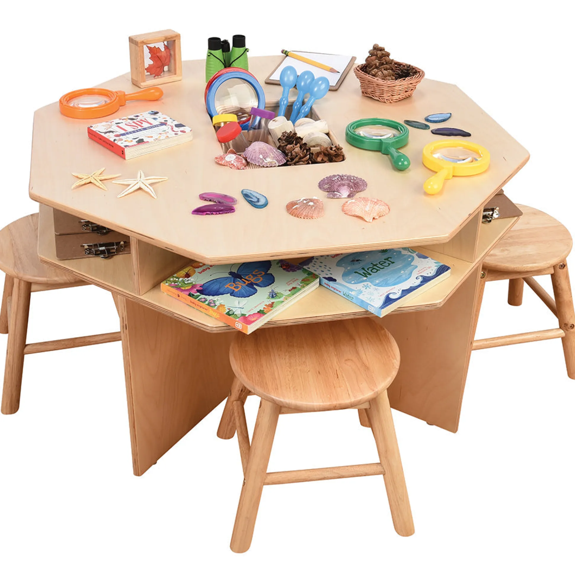Wooden Discovery Table with 4 Classroom Stools | Hands on Science Center