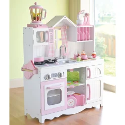 Wooden Play Kitchen with Burners, Sink & Curtains