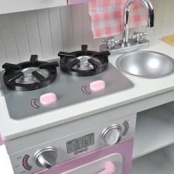 Wooden Play Kitchen with Burners, Sink & Curtains
