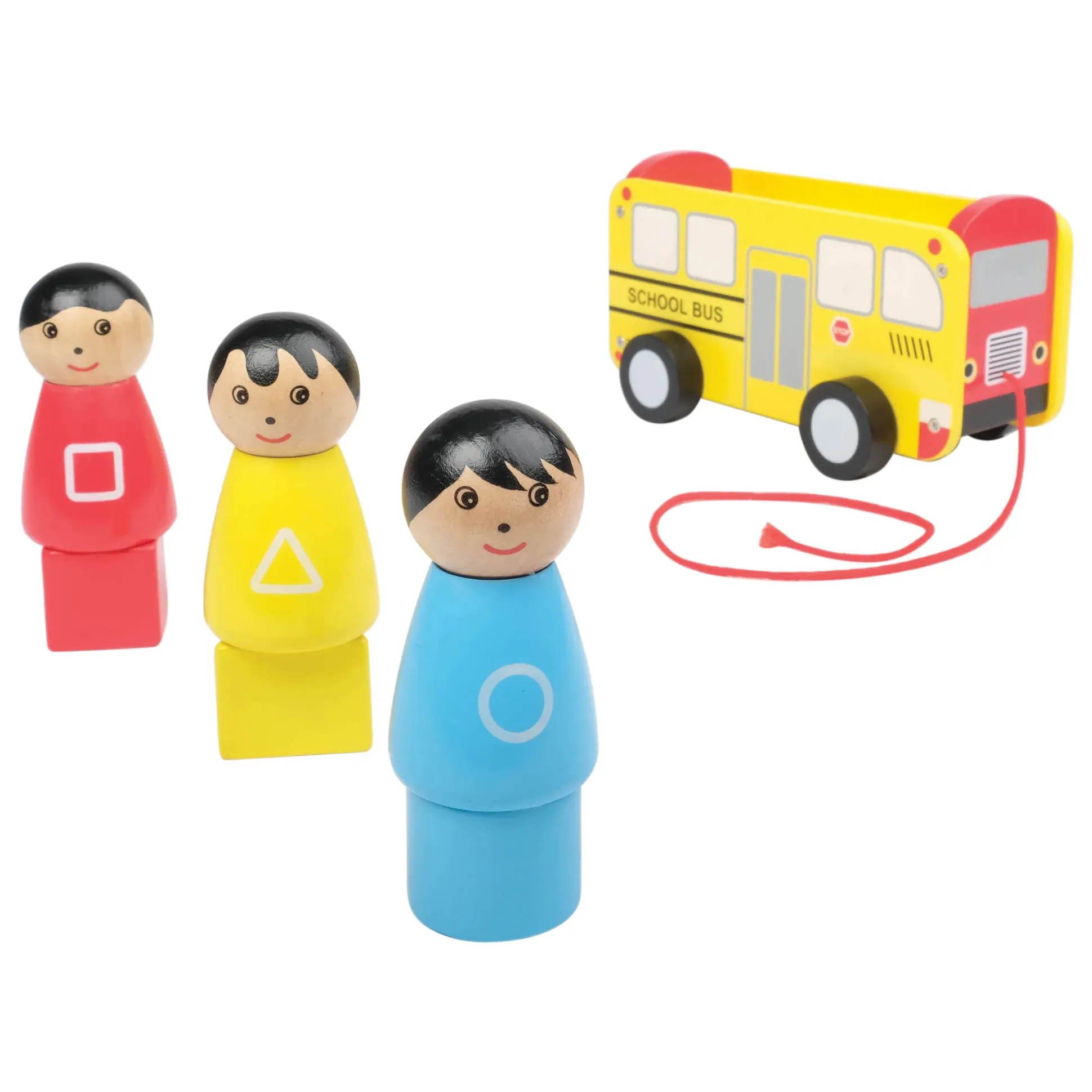 Wooden Pull Along School Bus Toy with Shape Matching Riders