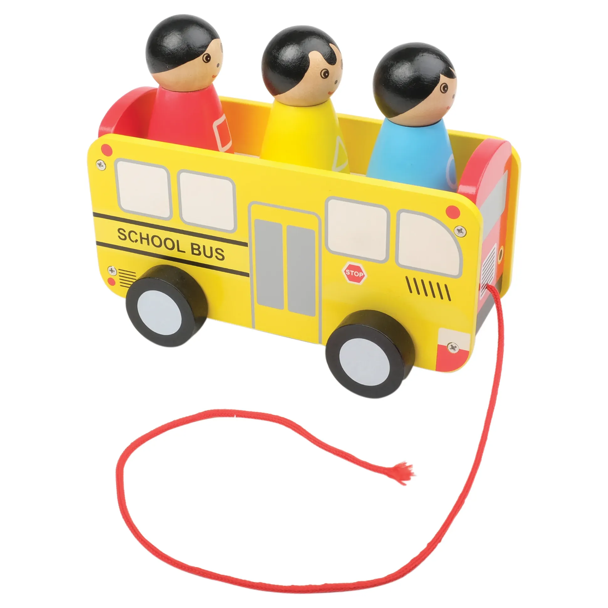Wooden Pull Along School Bus Toy with Shape Matching Riders