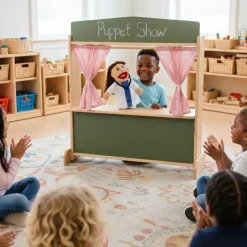 Wooden Puppet Stage with Candy-Stripe Curtains & Chalkboard