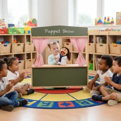 Wooden Puppet Stage with Candy-Stripe Curtains & Chalkboard