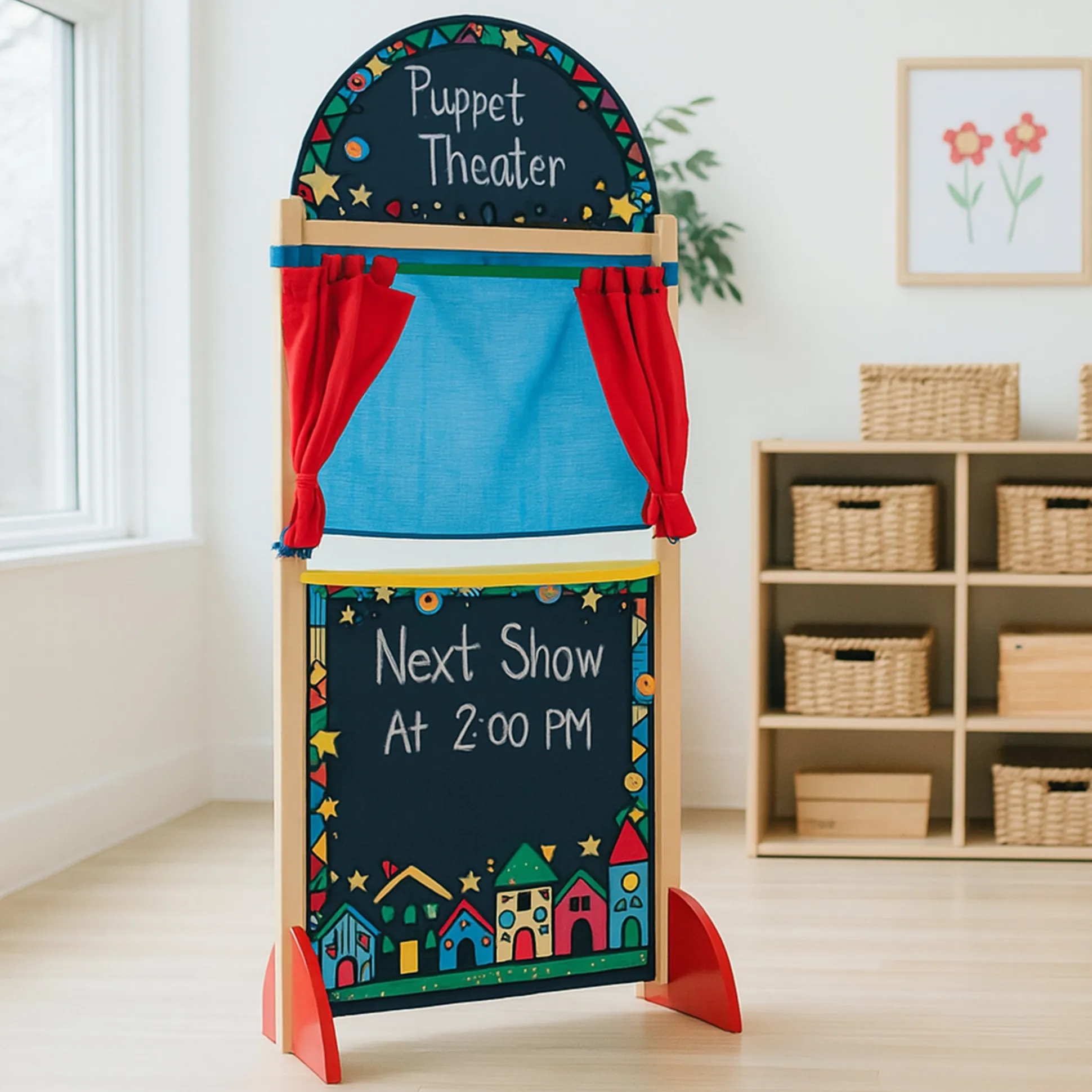 Wooden Puppet Theater with Pullback Curtain