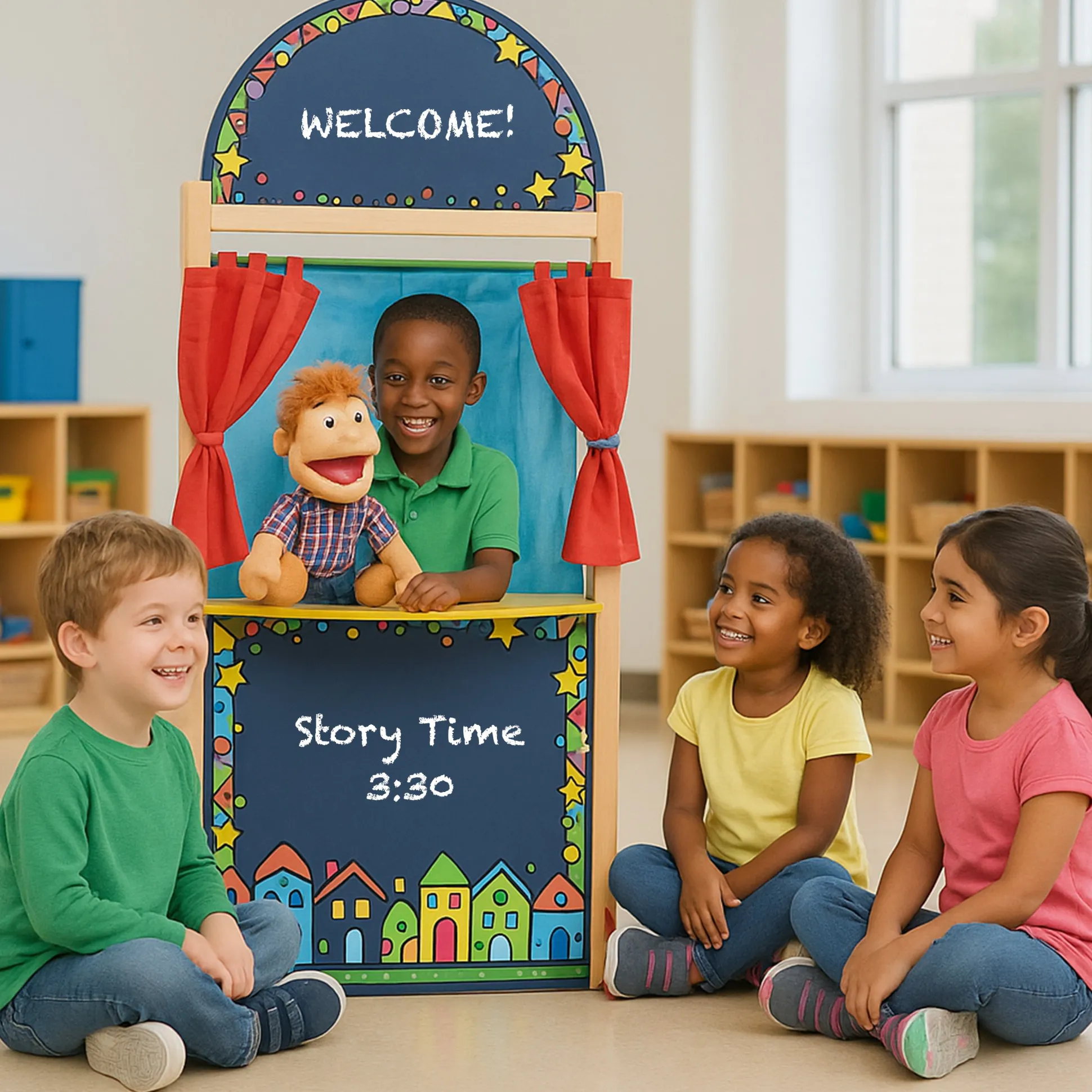 Wooden Puppet Theater with Pullback Curtain