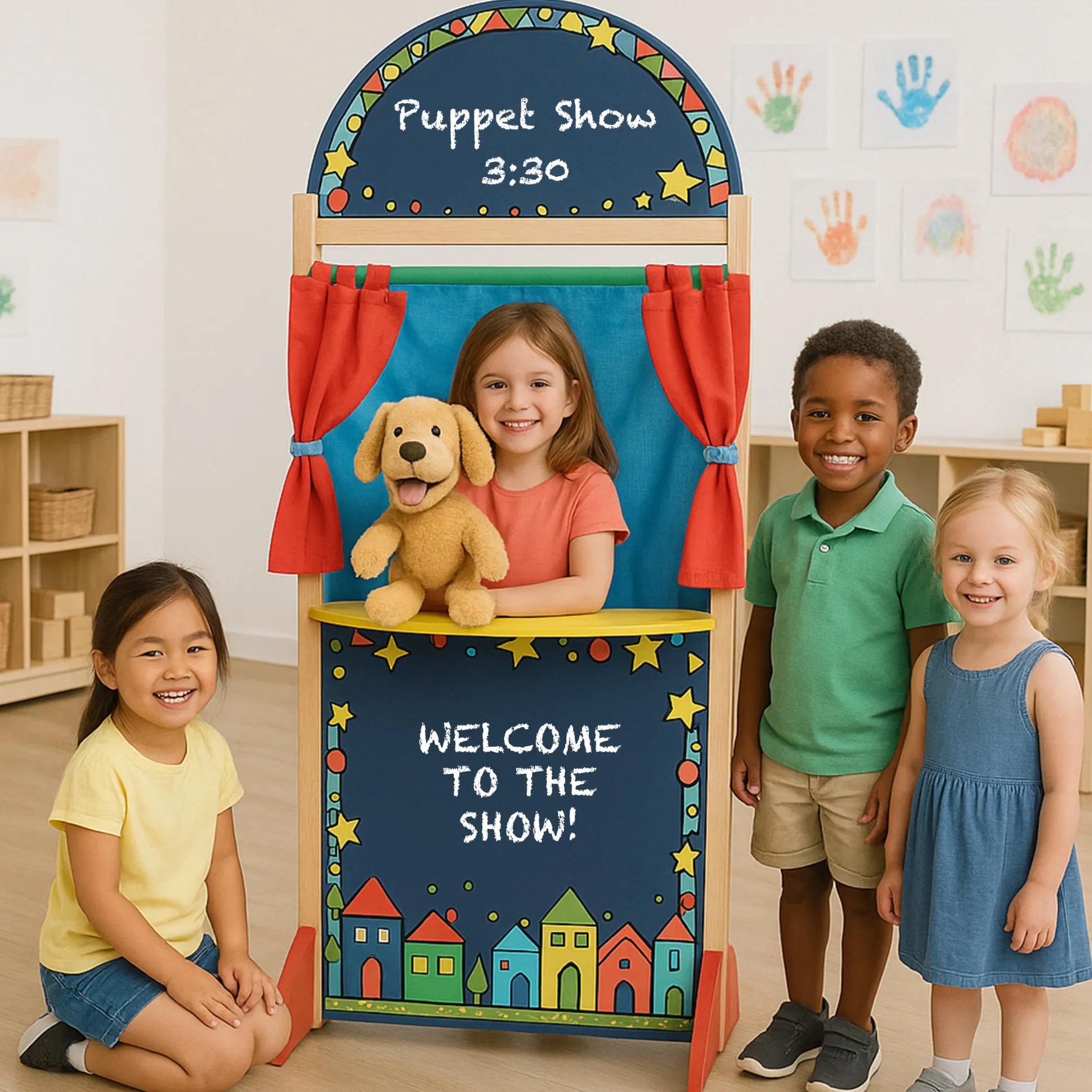 Wooden Puppet Theater with Pullback Curtain