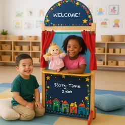 Wooden Puppet Theater with Pullback Curtain