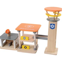 Wooden Rescue Center with Three Figures, Helicopter, Ambulance and Fire Truck