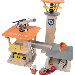 Wooden Rescue Center with Three Figures, Helicopter, Ambulance and Fire Truck