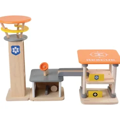 Wooden Rescue Center with Three Figures, Helicopter, Ambulance and Fire Truck