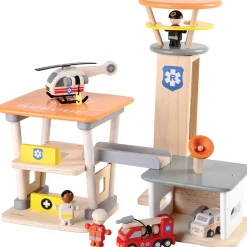 Wooden Rescue Center with Three Figures, Helicopter, Ambulance and Fire Truck