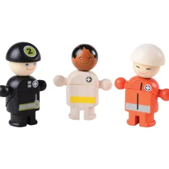 Wooden Rescue Center with Three Figures, Helicopter, Ambulance and Fire Truck