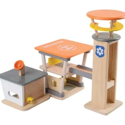 Wooden Rescue Center with Three Figures, Helicopter, Ambulance and Fire Truck